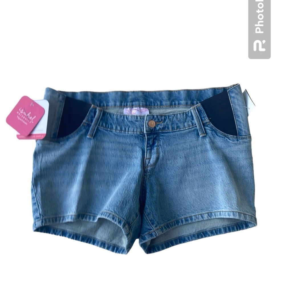 Isabel Maternity Blue Denim Jeans Shorts 4" Inseam Size 12 / 32 Side Panels NWT